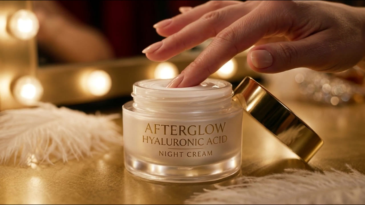 A hand dips into a jar of Afterglow night cream on a dressing table