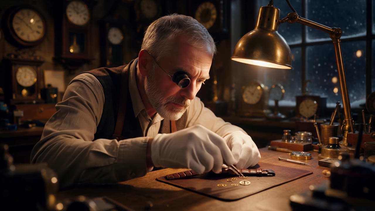 A watchmaker at his bench, surrounded by clocks