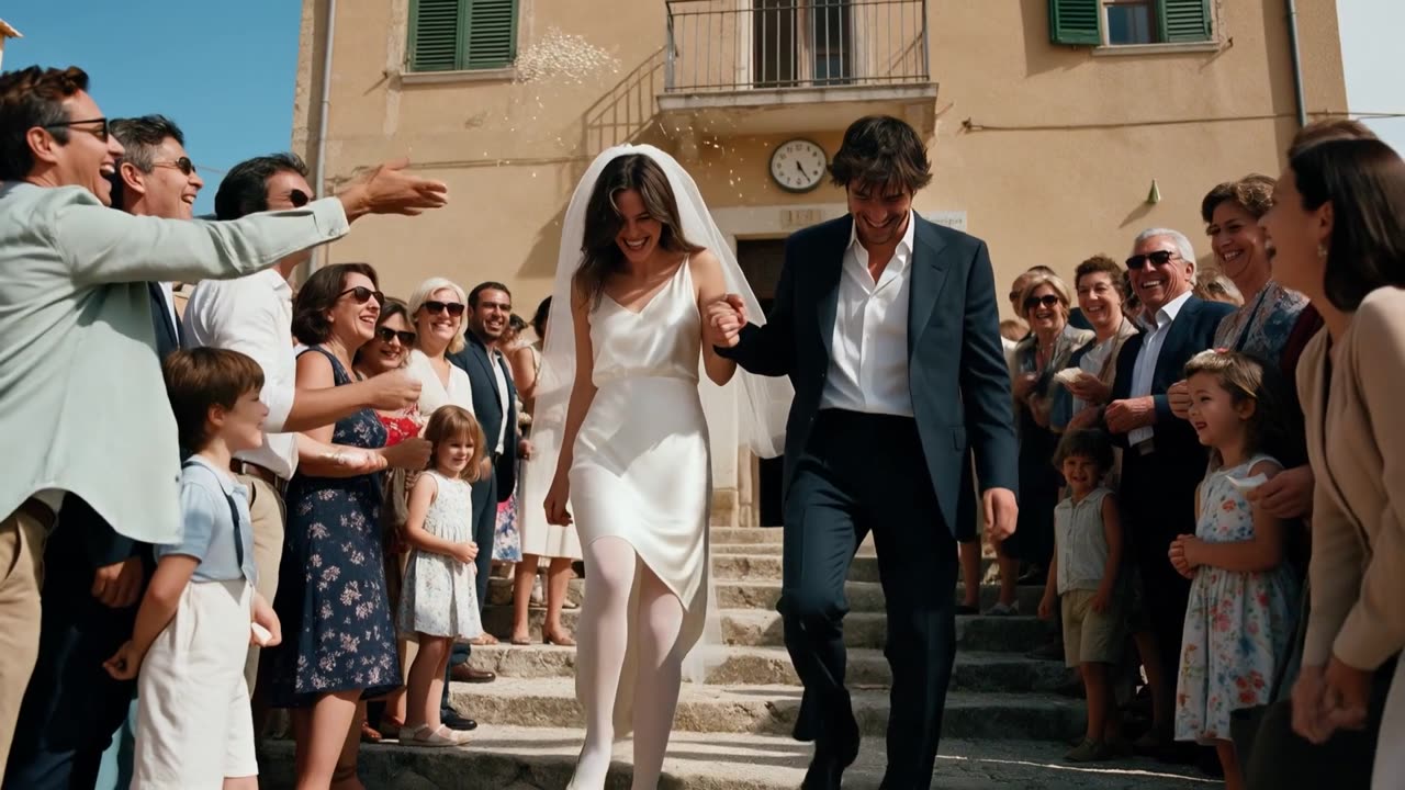 A bride and groom walk down village steps among applauding guests
