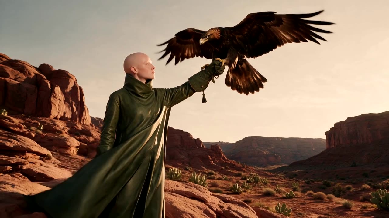 A falconer in a long green leather coat receives an eagle in a desert canyon