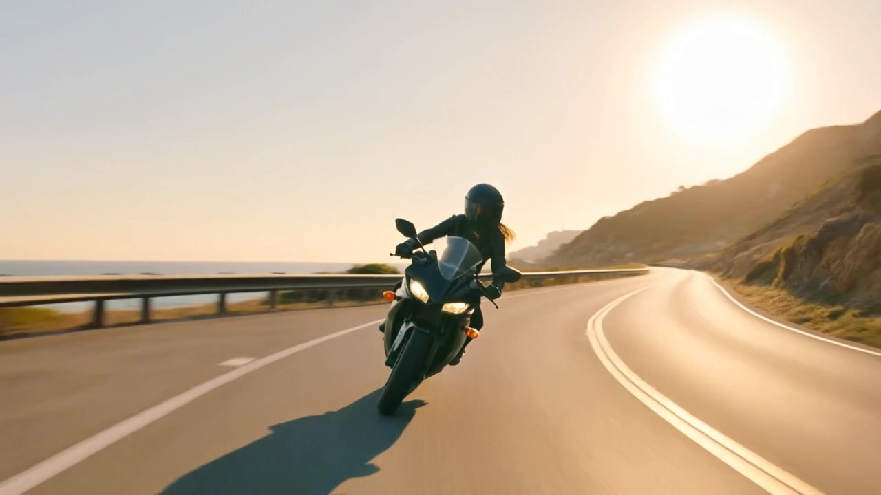A motorcyclist rides a coastal road at sunset
